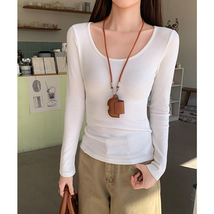 显瘦内搭打底衫 休闲修身 洋气高级感上衣 t恤女春季 白色磨毛u领长袖
