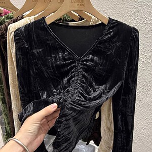 2023秋冬复古金丝绒打底衫女抽绳长袖T恤设计感小众V领修身上衣潮