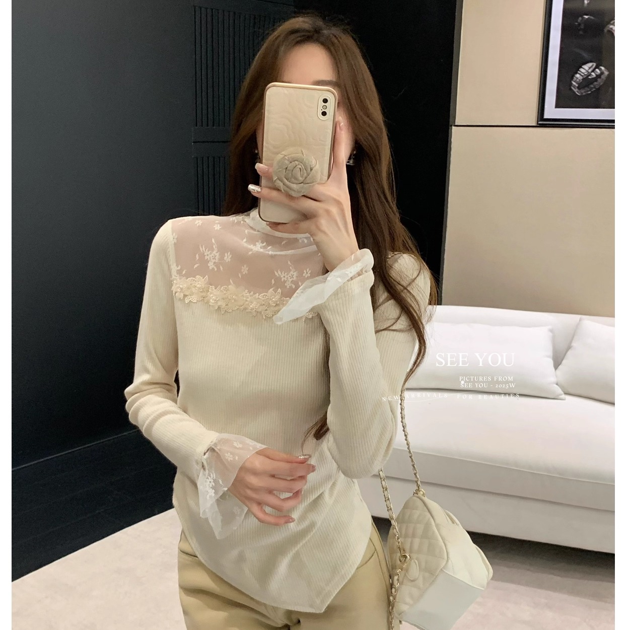 纯欲风镂空拼接蕾丝花朵针织衫女