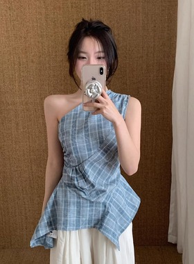 复古蓝色格纹无袖吊带背心女设计感小众夏不规则收腰修身气质上衣