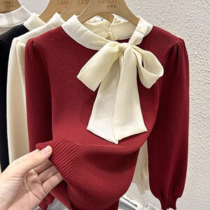 2023秋冬红色灯笼袖针织衫女修身设计感小众蝴蝶结打底衫毛衣上衣