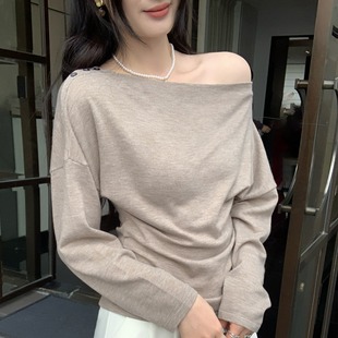修身 女秋冬长袖 打底T恤高级感斜肩上衣 收腰针织衫 气质一字肩长袖