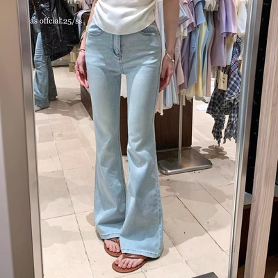 蓝色美式复古高腰微喇牛仔裤女
