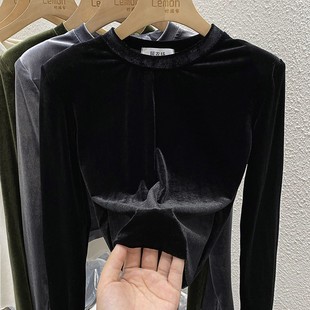黑色内搭长袖 2024秋冬短款 高腰打底衫 韩版 丝绒T恤 上衣女圆领修身