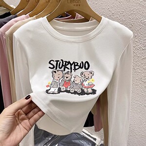 2023秋冬长袖打底衫T恤女修身美式复古印花洋气高腰短款内搭上衣