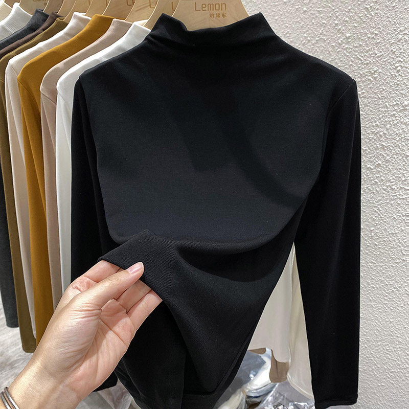 2025早春半高领打底衫女内搭洋气长袖T恤白色宽松加绒加厚上衣女,女装/女士精品,时尚防晒服,淘宝优惠券,粉丝福利购,淘宝优惠卷