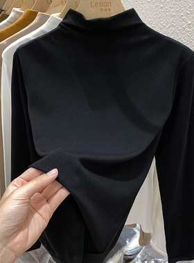 2025早春半高领打底衫女内搭洋气长袖T恤白色宽松加绒加厚上衣女