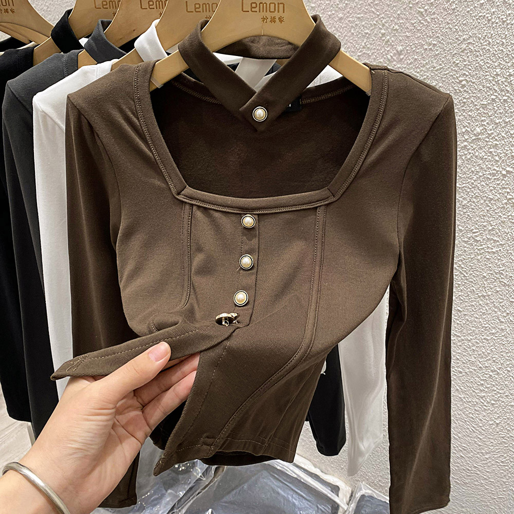 方领打底衫短款长袖T恤加绒上衣