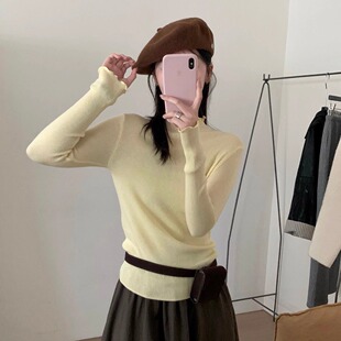 TOMORROW气质修身显瘦木耳边针织打底衫女秋季半高领毛衣内搭上衣