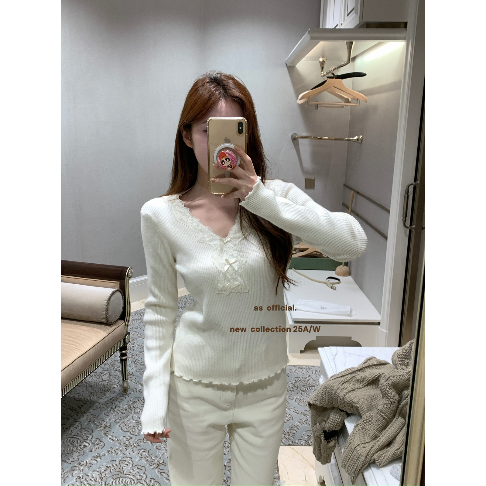 法式蕾丝V领蝴蝶结内搭针织毛衣