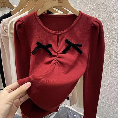 泡泡袖红色毛衣女修身打底衫