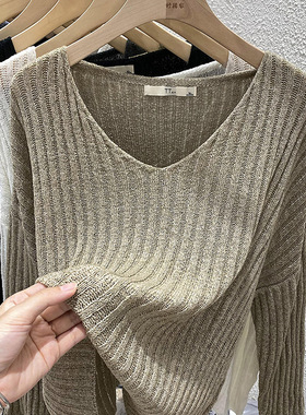 2025早春针织衫女镂空薄款V领打底衫T恤宽松休闲白色长袖显瘦上衣