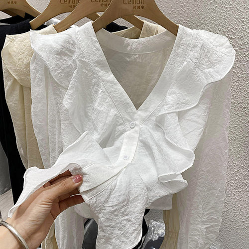 V领衬衫女荷叶边泡泡袖棉麻衬衣