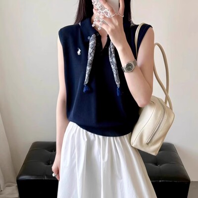 翻领刺绣时尚休闲冰丝针织衫背心女夏季外穿内搭法式无袖坎肩上衣