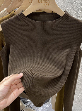 2025春季镂空针织衫女黑色露肩短款长袖上衣修身显瘦内搭打底毛衣