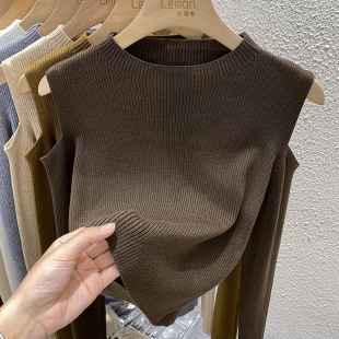 上衣修身 2025春季 长袖 女黑色露肩短款 显瘦内搭打底毛衣 镂空针织衫