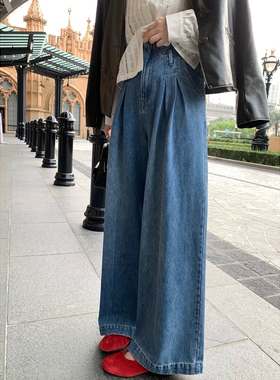 2025夏季高腰蓝色牛仔裤女宽松直筒阔腿裤子复古显瘦拖地休闲长裤