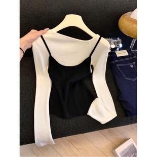 斜肩针织衫 设计感小众长袖 上衣假两件 吊带背心女早春修身 纯欲法式