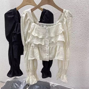 2025春季法式方领雪纺衫女薄款设计感小众荷叶边衬衫甜美短款上衣