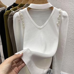 针织衫女冬季修身加厚打底衫设计感小众洋气V领挂脖毛衣内搭上衣
