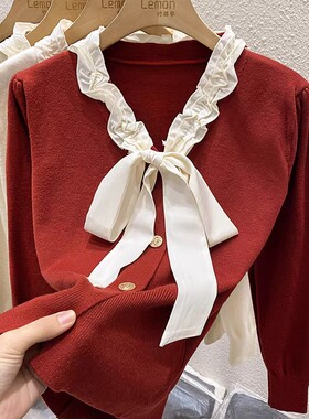 2023秋冬红色V领毛衣打底衫女宽松内搭洋气小香风蝴蝶结针织上衣