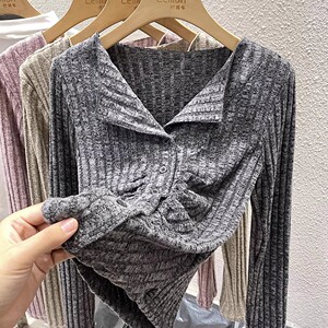 2023翻领打底衫女早秋收腰修身长袖T恤洋气辣妹法式针织开衫上衣