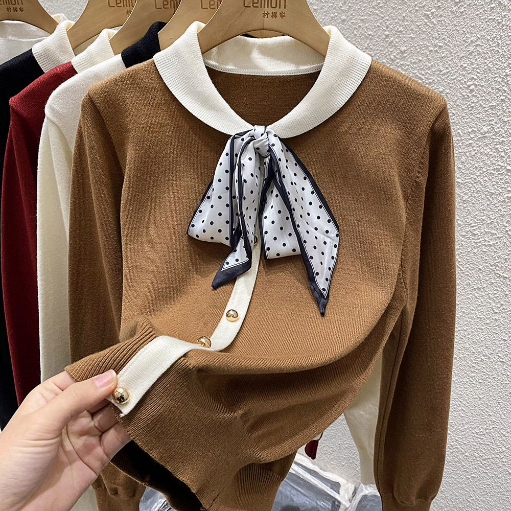 蝴蝶结套头毛衣女打底针织衫上衣