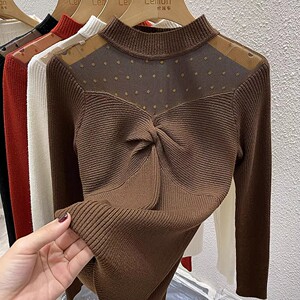 2023秋冬白色半高领网纱拼接毛衣女修身打底衫法式内搭针织衫上衣