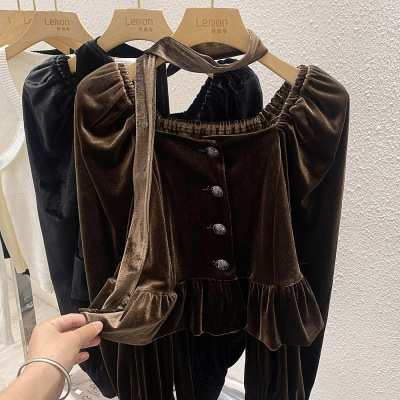 黑色法式方领打底衫女金丝绒上衣