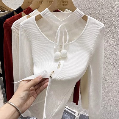 挂脖镂空打底衫女针织衫毛衣上衣