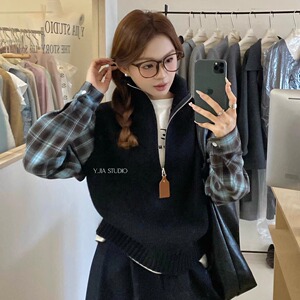 2024秋冬半拉链翻领格子长袖毛衣女设计感小众洋气针织假两件上衣