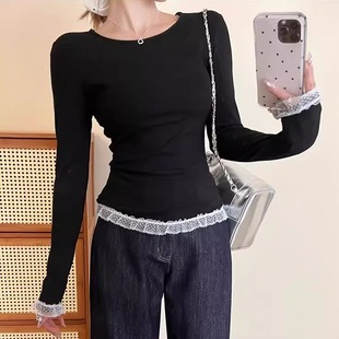 显瘦打底衫 圆领蕾丝花边拼接长袖 修身 新款 内搭洋气上衣 t恤女春季