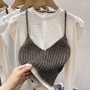 2023秋冬法式吊带针织拼接假两件长袖T恤女打底衫修身泡泡袖上衣