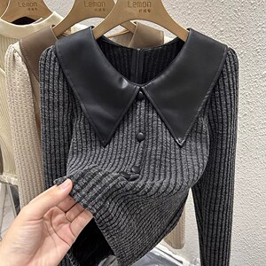 2023秋冬翻领毛衣女设计感小众打底衫洋气修身内搭法式针织衫上衣