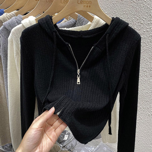 针织衫开衫女白色连帽上衣洋气修身春季短款V领卫衣打底帽衫外套