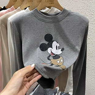 修身 上衣 黑色内搭纯棉T恤米奇短款 长袖 打底衫 女冬设计感小众春季