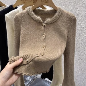 黑色针织开衫毛毛领毛衣女冬季设计感小众羊绒打底衫加厚内搭上衣