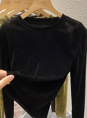 圆领长袖丝绒T恤女秋季设计感小众黑色宽松打底衫洋气高级感上衣