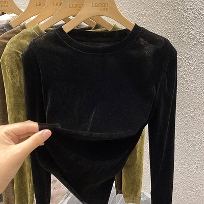 圆领长袖金丝绒T恤高级感上衣