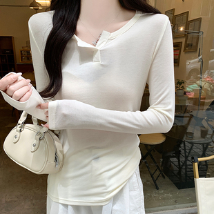 白色打底衫 正肩长袖 高级感简约亨利领上衣修身 2026新款 t恤 女春季