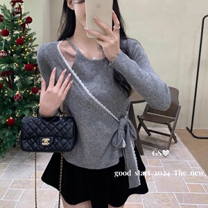 2024秋冬不规则假两件长袖针织衫女设计感小众洋气修身打底衫上衣