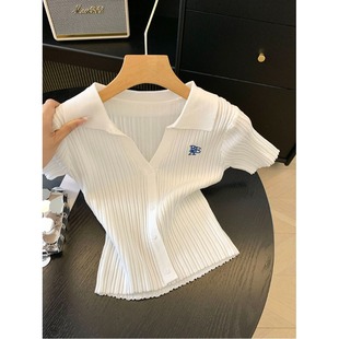 打底T恤法式 女早春冰丝修身 木耳边上衣 针织短袖 翻领刺绣字母短款