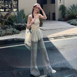 2025早春复古灰色微喇牛仔裤女设计感高腰直筒宽松垂感拖地阔腿裤