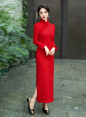 改良红色旗袍女秋冬款2025秋冬款新年冬季加绒加厚婚宴敬酒服礼服