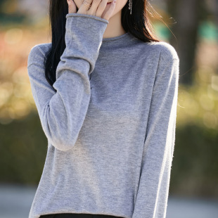 卷边纯色套头打底衫 2026年春夏新款 上衣 长袖 精纺羊毛半高领针织衫