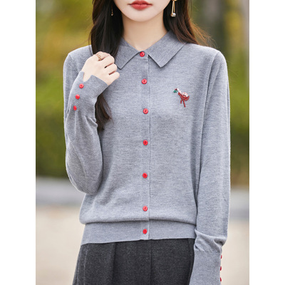 设计感衬衫领针织开衫女春秋钉珠火烈鸟翻领长袖薄款毛衣外套