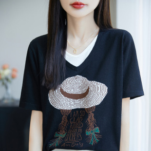 气质印花拼色设计感假两件 女26年春夏新款 精纺羊毛V领针织衫 短袖