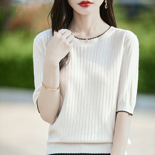 薄款 春夏新款 圆领套头气质短袖 针织衫 打底上衣女外套 女装