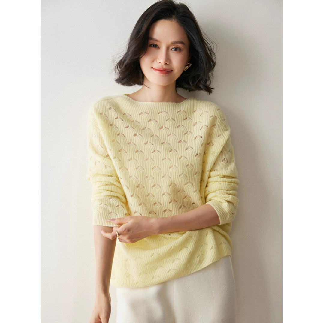 经典纯色钩花设计套头毛衣秋冬新款一字领打底衫镂空羊绒衫女薄款