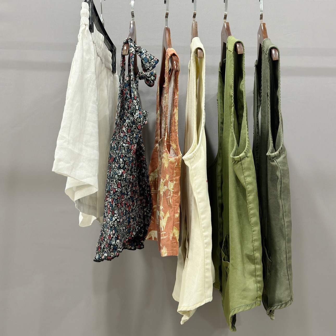 外贸单 亚麻短裤女碎花吊带方领背心纯色水洗复古马甲女 杂款合集